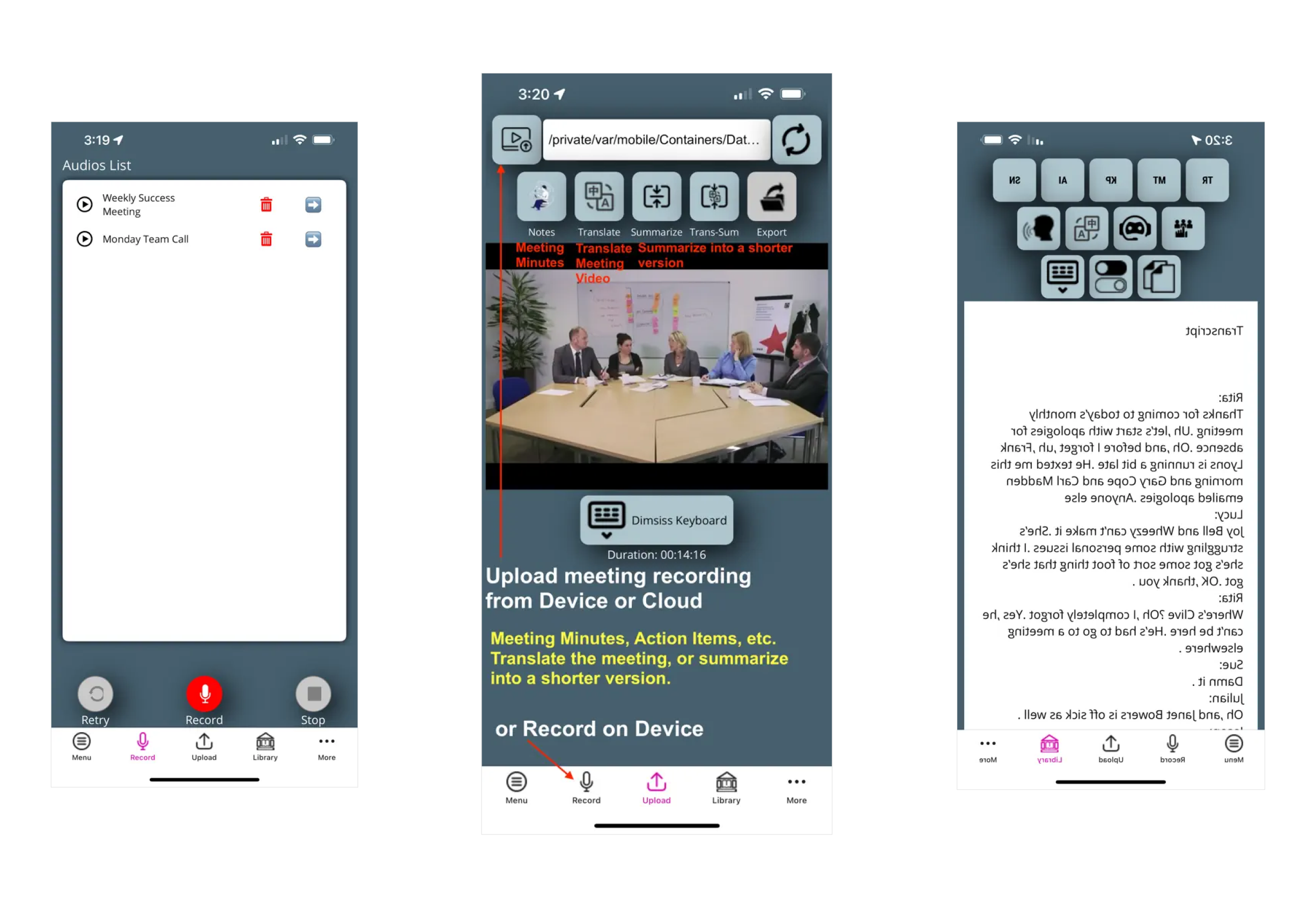 QV Laconic Meetings interface displaying AI-generated meeting summary, action items, and sentiment analysis for business meetings