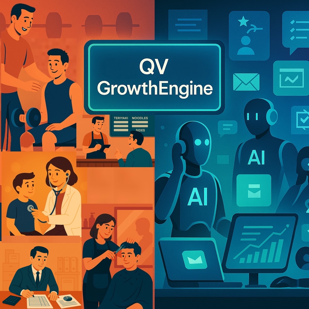 QV GrowthEngine dashboard showing lead automation, appointment scheduling, and AI-powered growth metrics for service businesses