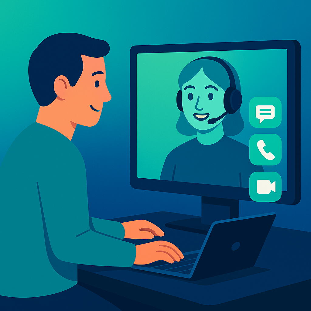 QV CustomerRep AI customer service interface showing multi-modal chat, voice, and video avatar capabilities for enterprise support