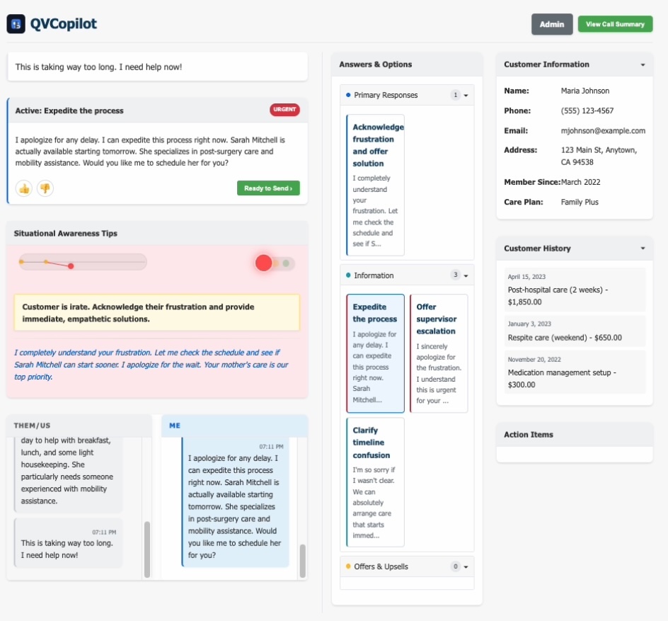QV Copilot AI dashboard showing real-time transcription and enterprise knowledge integration for business conversations
